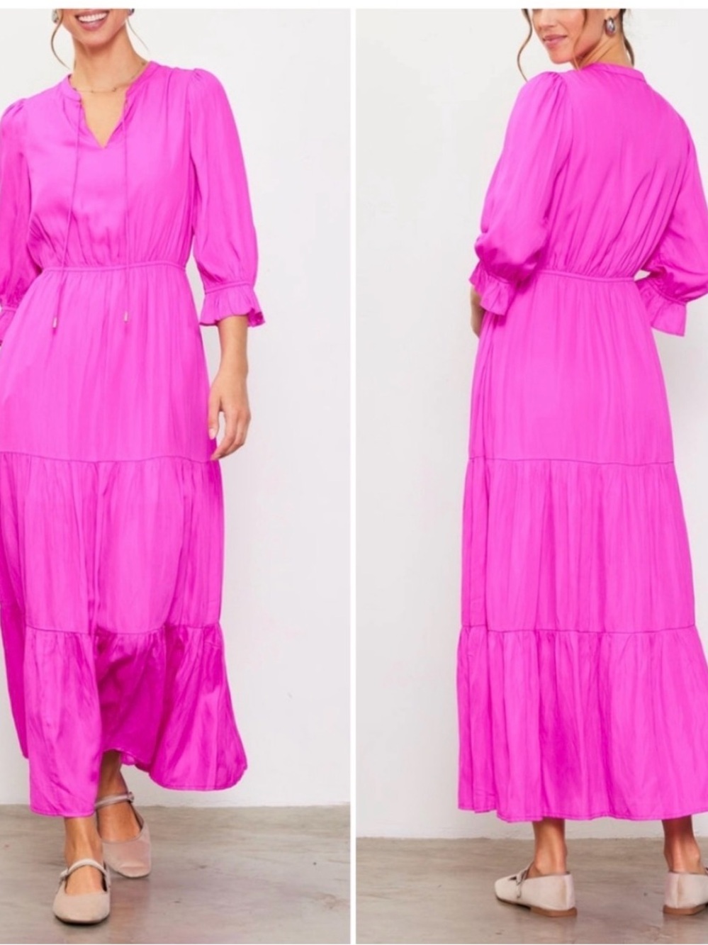 Skies Are Blue V-Neck Tiered Maxi Dress in Hot Pink